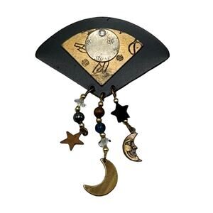 Vintage 1980's Fan Shaped Brooch with Dangling Moons and Star